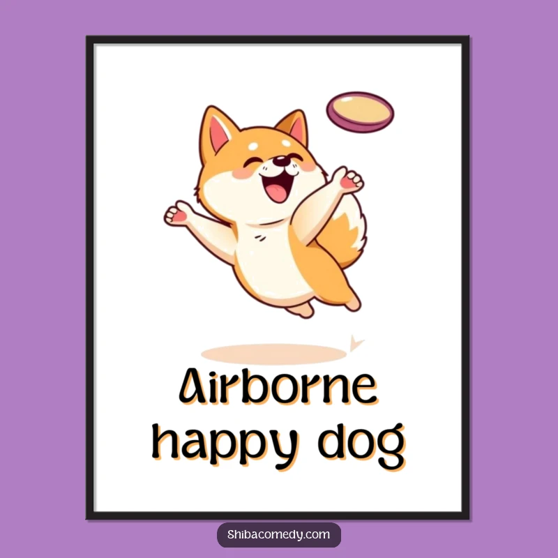 Funny Shiba Inu Poster: Frisbee Leap Art, Decorate with Canine Action