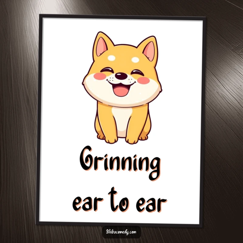 Funny Shiba Inu dog character with a wide grin and panting, presented as a poster, adding cheerful decor.