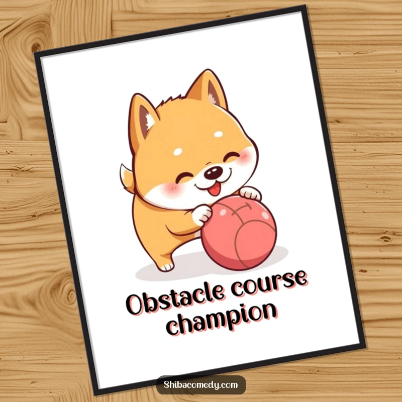 Funny Shiba Inu in the motion of playfully nudging a rolling ball, humorous poster art.