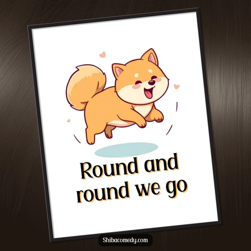 Funny Shiba Inu dog in a comical, spiraling chase after its tail, presented in a dynamic poster to add action and humor.