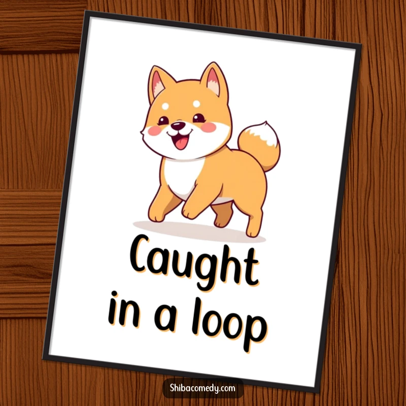 Funny poster of a happy Shiba Inu dog in a classic pose, comically chasing its own tail.