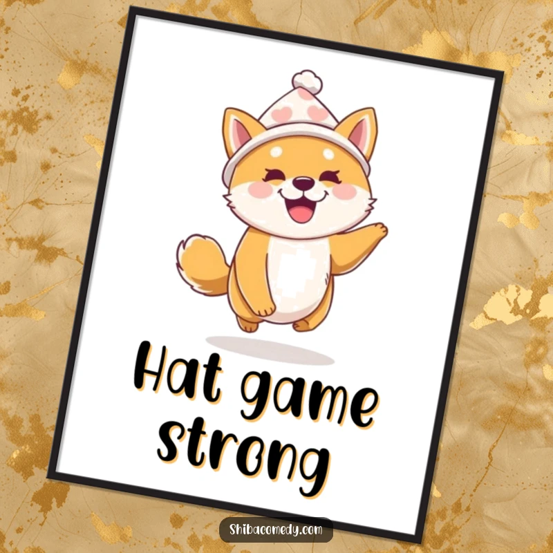 Funny Shiba Inu Poster: A Shiba Inu wearing a tiny hat bounces with infectious excitement, creating a vibrant and humorous art piece.