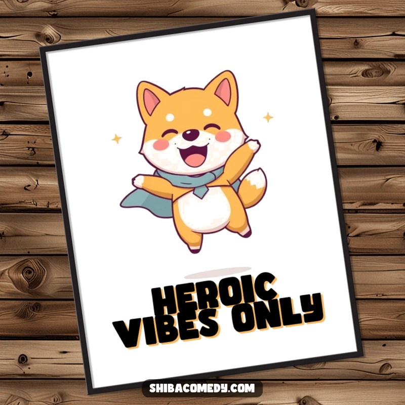 Funny Shiba Inu dog in a heroic pose, wearing a tiny cape and jumping with pure joy, presented in a poster to inspire greatness.