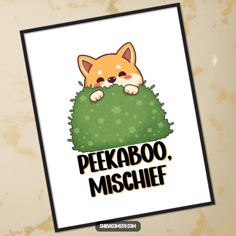 Funny mischievous Shiba Inu poster depicting a dog peeking out from behind a large bush, full of playful mystery.