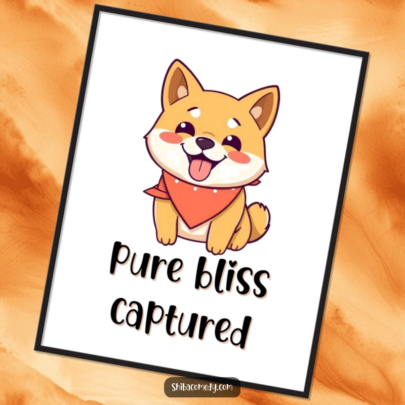 Funny Shiba Inu poster art of a smiling dog wearing a bandana, panting happily, bringing joyful and humorous vibes.