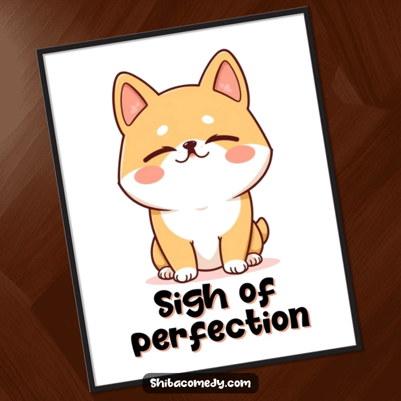 Funny Shiba Inu poster capturing a dog with eyes closed, in a hilarious, blissful, happy sigh, perfect for relaxation art.