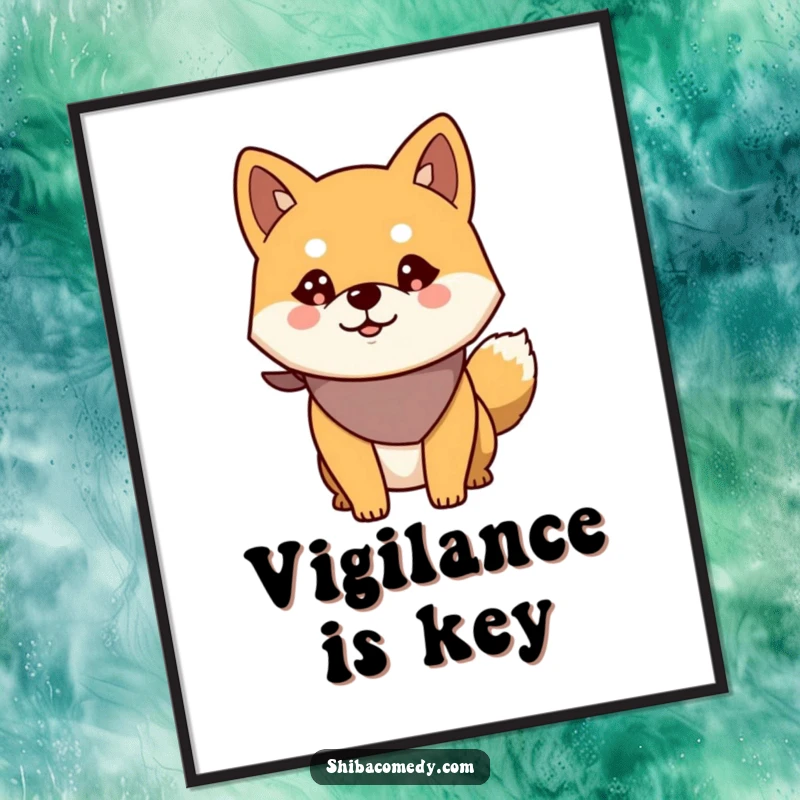 Funny Alert Shiba Inu Poster: Art print of a dog wearing a bandana, looking alert and sharp, adding a stylish vibe.