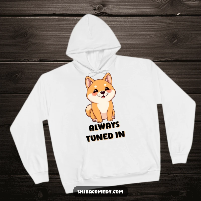 Funny Shiba Inu Hoodie: A soft hoodie showcasing a cheerful Shiba Inu with alert ears, intently listening, ideal for dog enthusiasts.