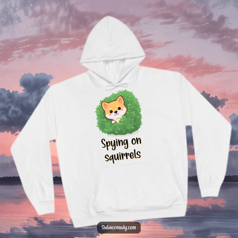 Funny Shiba Inu Hoodie showing a curious dog peeking from a bush, ideal for warmth and a funny gift.