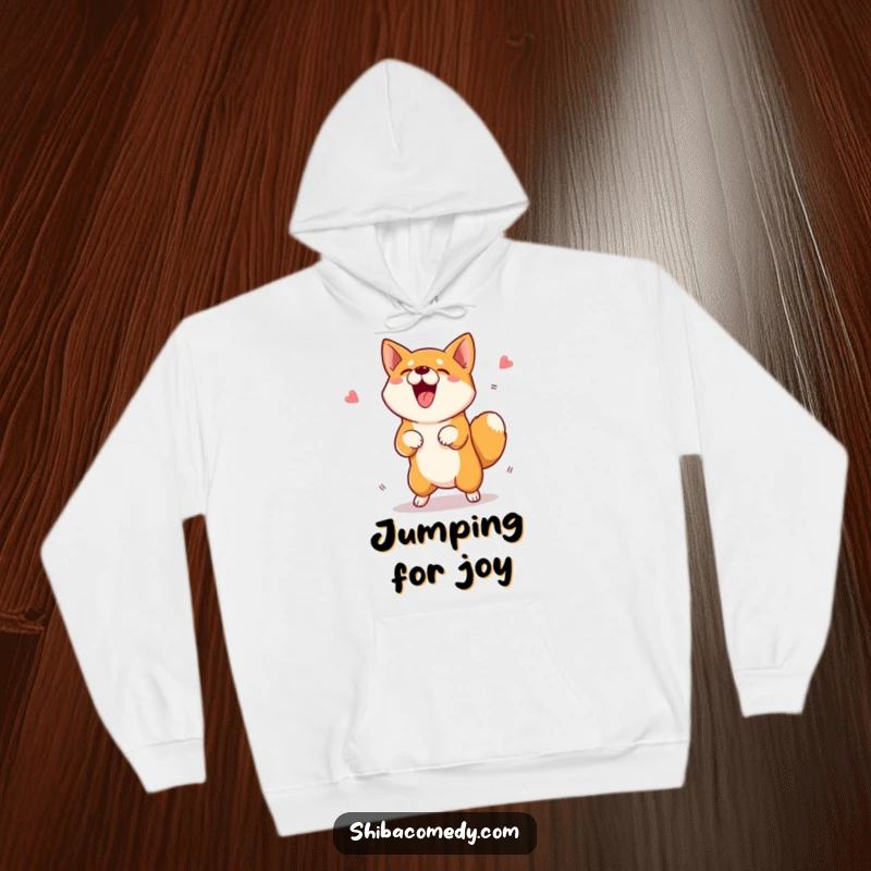 Funny Shiba Inu Hoodie showing an excited dog mid-jump for a treat, ideal for warmth and a funny gift.