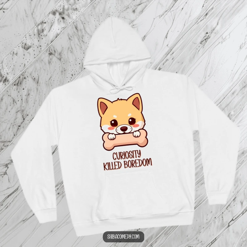 Funny Shiba Inu hoodie showing a curious dog peeking behind a stylized bone icon, exuding playful charm and humorous stealth.