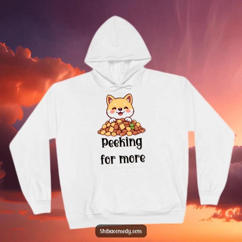 Funny Shiba Inu hoodie featuring a smiling dog peeking from behind a huge pile of tasty treats, offering warmth and humor.