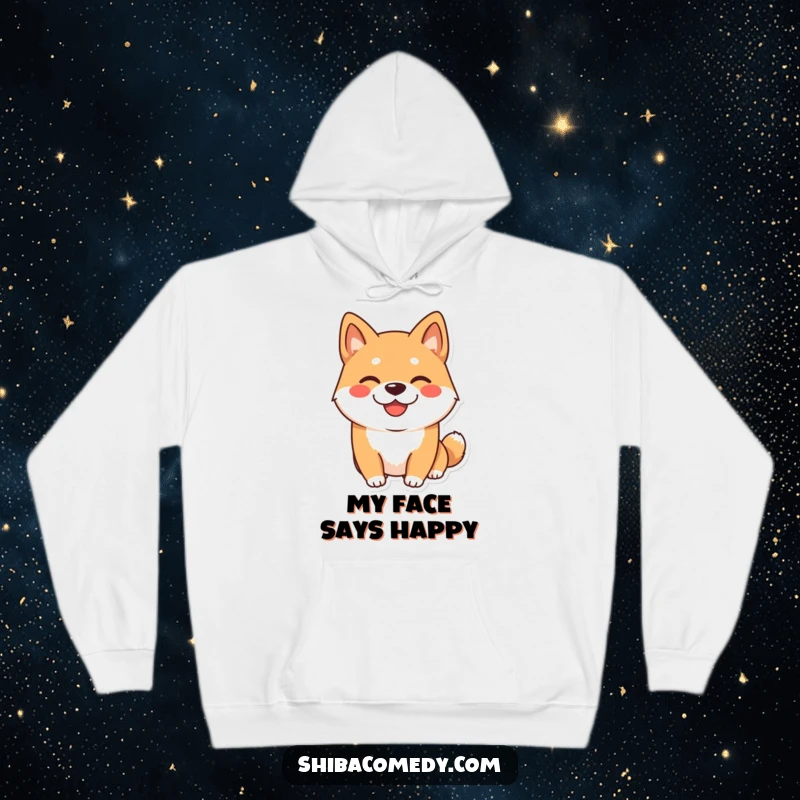 Funny Shiba Inu Hoodie: A happy Shiba Inu dog with a wide, playful grin, offering cozy and funny comfort.