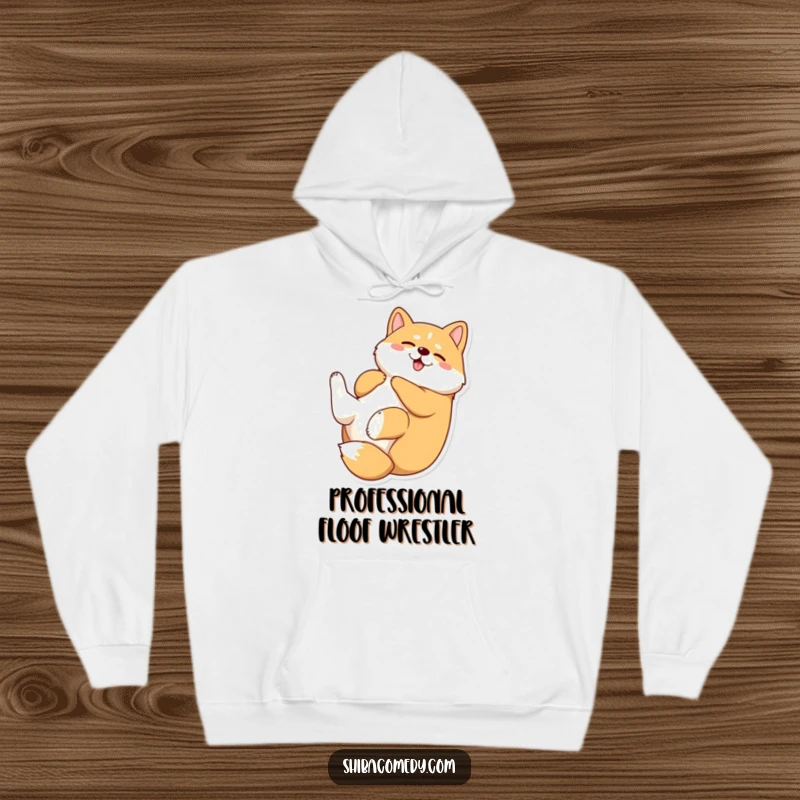 Funny Shiba Inu hoodie with a delightful depiction of a dog rolling on its back, radiating pure, uninhibited happiness and playful energy.