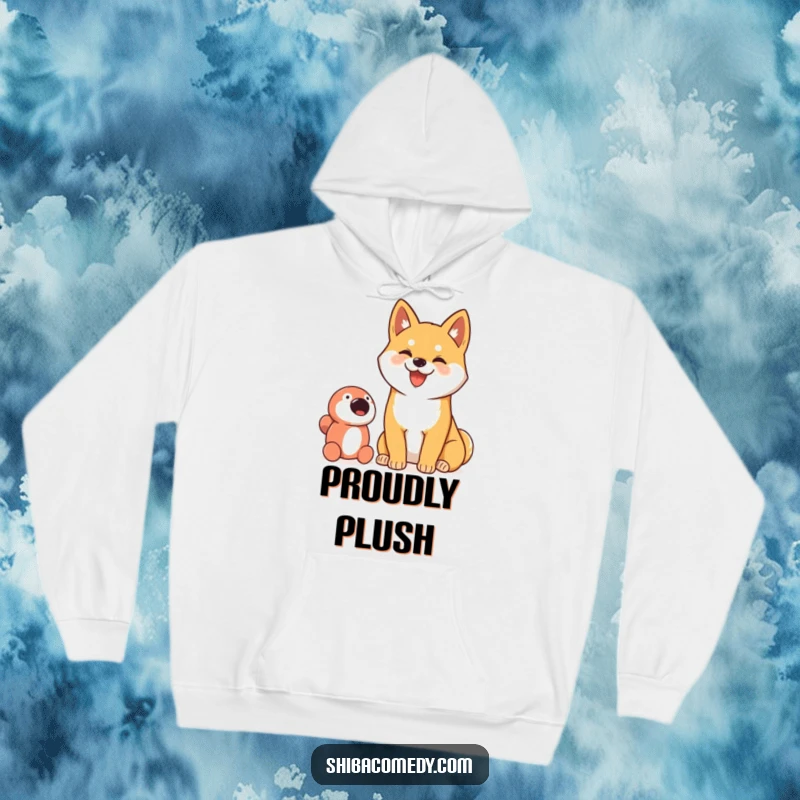 Funny hoodie featuring a Shiba Inu with a goofy smile, proudly sitting with its cherished toy.