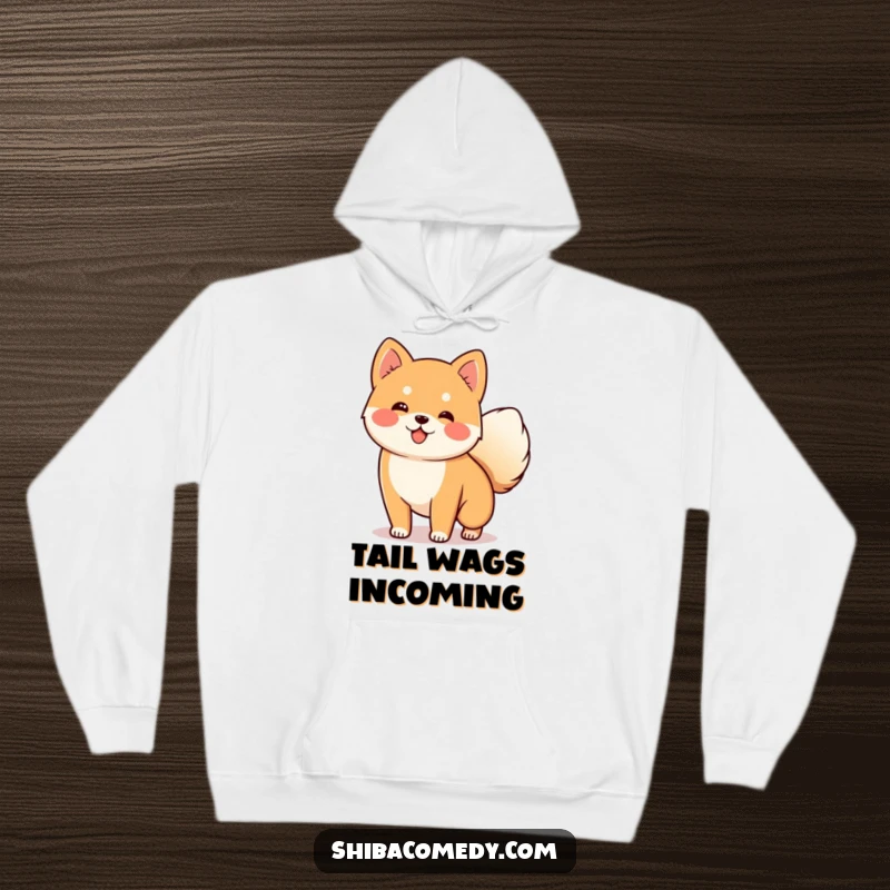 Funny Shiba Inu Hoodie showing a happy dog with its tail wagging, ideal for warmth and a funny gift.