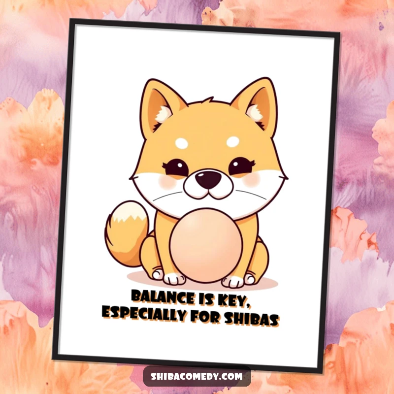Funny Free Printable Shiba Inu Wall Art: Determined dog hilariously balancing a ball on its nose, ready to amuse.