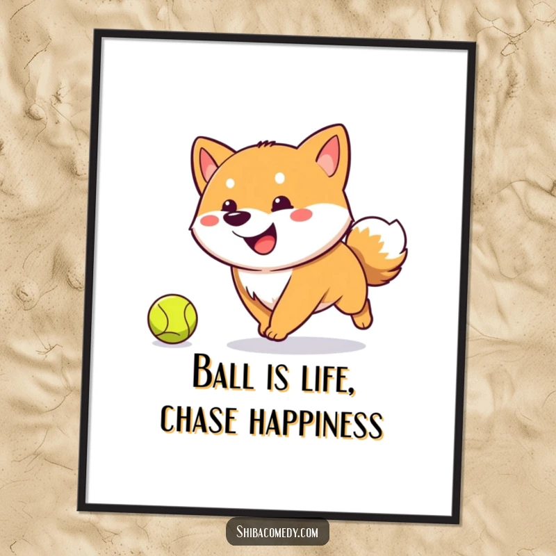 Funny Free Printable Wall Art of a happy Shiba Inu with an extremely wagging tail mid-chase after a tennis ball.