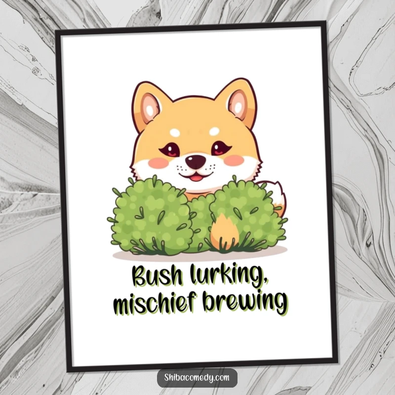 Funny Free Printable Wall Art: a Shiba Inu peeks slyly from behind a small bush with a mischievous expression.