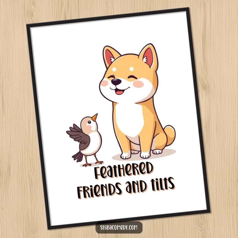 Funny Free Printable Wall Art of a Shiba Inu with a happy head tilt, intently watching a bird.