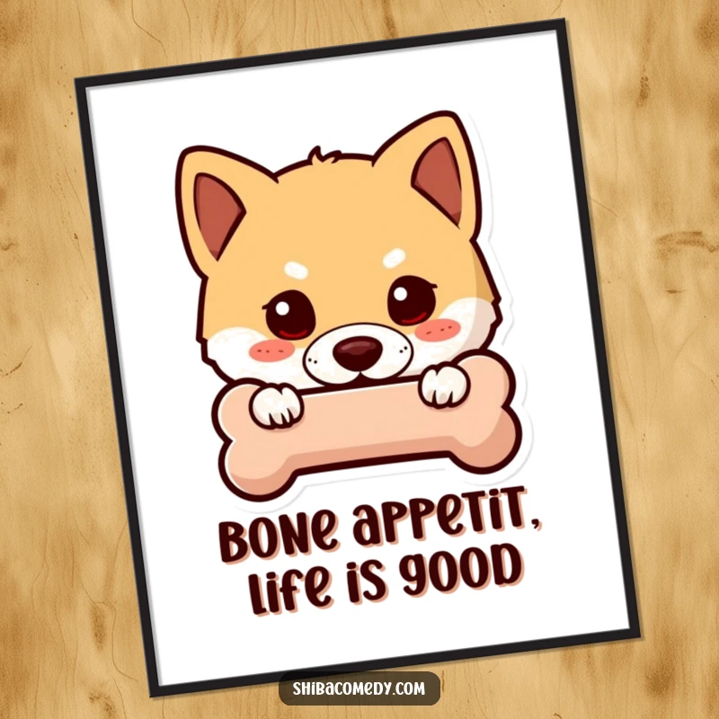 Funny Free Printable Wall Art: A curious Shiba Inu peeking playfully from behind a stylized bone icon, full of personality.