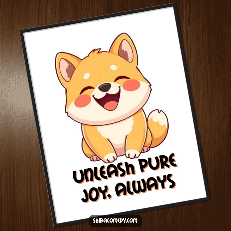 Funny Free Printable Wall Art: A grinning Shiba Inu with tail curled high, showcasing immense happiness and playful spirit.