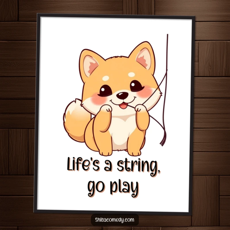 Funny Free Printable Wall Art: A curious Shiba Inu with bright eyes playfully batting at a dangling string, full of joy.