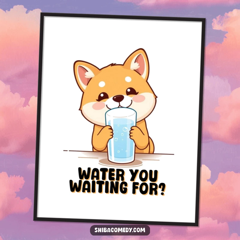 Funny Free Printable Wall Art of a happy Shiba Inu dog drinking water, exuding pure satisfaction.