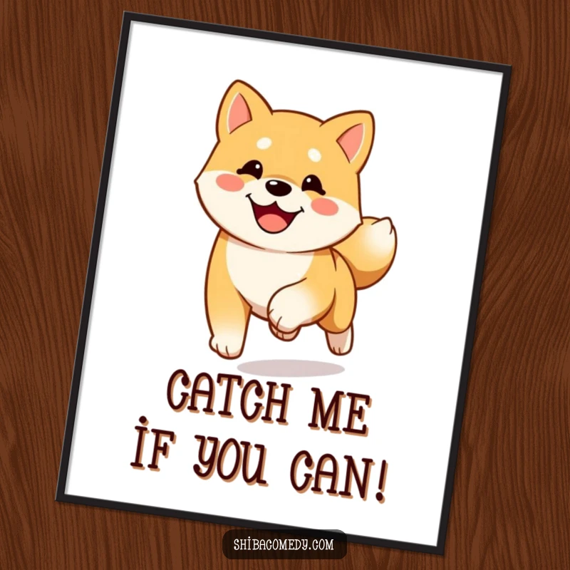 Funny free printable wall art of a happy Shiba Inu running eagerly towards the viewer with a blur of its wagging tail.