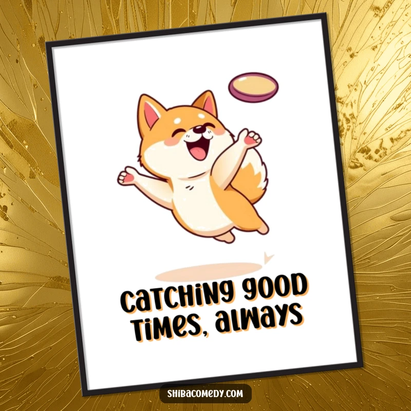 Funny free printable wall art of a playful Shiba Inu leaping high in the air to catch a frisbee.