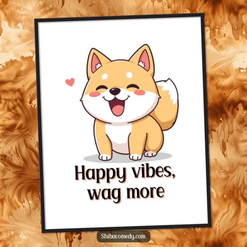 Funny free printable wall art of an excited Shiba Inu dog happily wagging its fluffy tail.