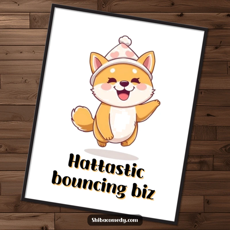 Funny Free Printable Wall Art: a Shiba Inu wearing a tiny hat bounces with infectious, happy energy.