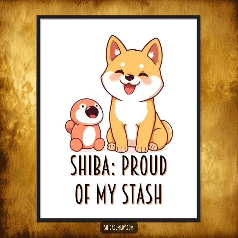 Funny Free Printable Wall Art: A Shiba Inu with a goofy smile sits proudly next to its favorite toy.