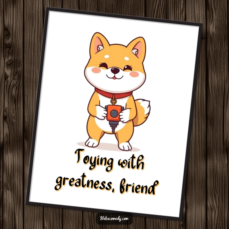 Funny Free Printable Wall Art: a Shiba Inu stands proudly, showcasing its favorite toy with dignity.