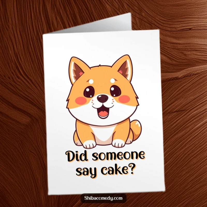 Funny free printable birthday card featuring a Shiba Inu looking shocked with its mouth wide open, surprised by the celebration.