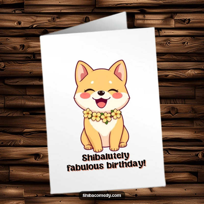 Funny free printable birthday card featuring a joyful Shiba Inu in a flower lei saying happy birthday with aloha spirit.