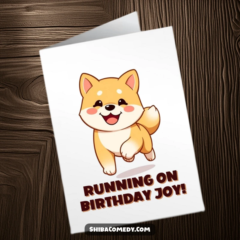 Funny free printable birthday card showing a happy Shiba Inu running full speed towards you with a wagging tail, full of birthday cheer.