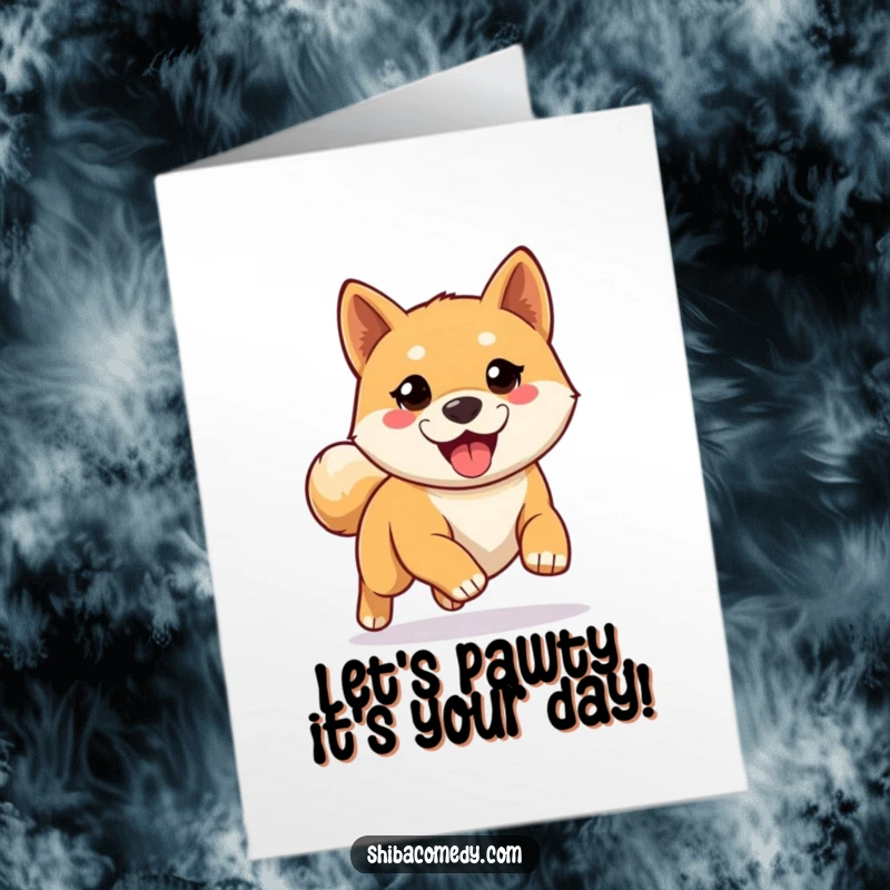 Funny Free Printable Birthday Card: An eager Shiba Inu is ready to run and celebrate your special day with joy.