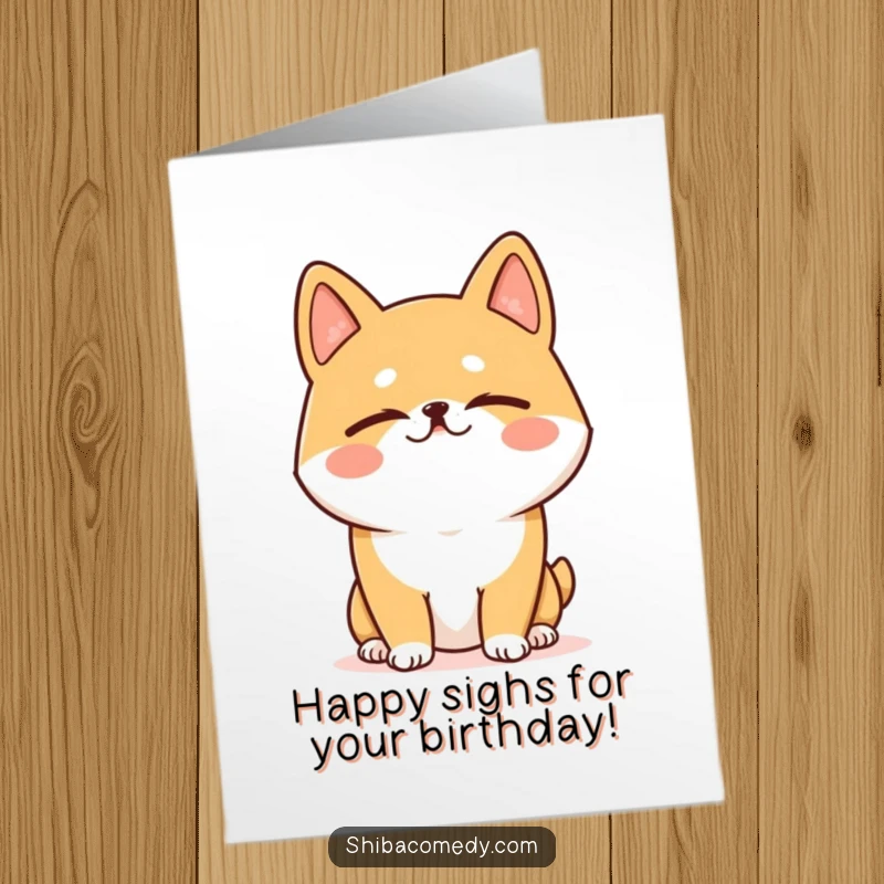 Funny Free Printable Birthday Card: Shiba Inu with eyes closed, exhaling a happy sigh, embodying pure bliss.
