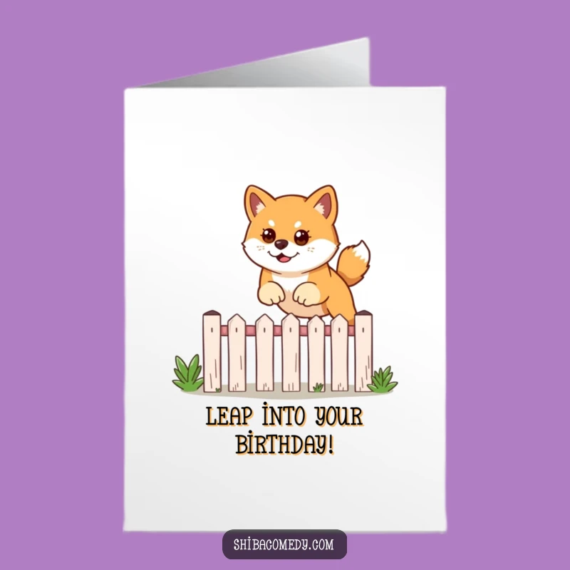 Free Printable Funny Shiba Inu Birthday Card: Leaping Fence Downloadable Gift