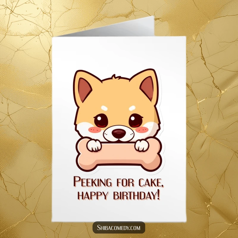 Funny Free Printable Birthday Card: Curious Shiba Inu peeking from behind a stylized bone, looking mischievous and fun.