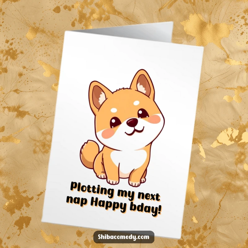 Funny Free Printable Birthday Card featuring a curious Shiba Inu tilting its head with perked ears, ready for some birthday fun.