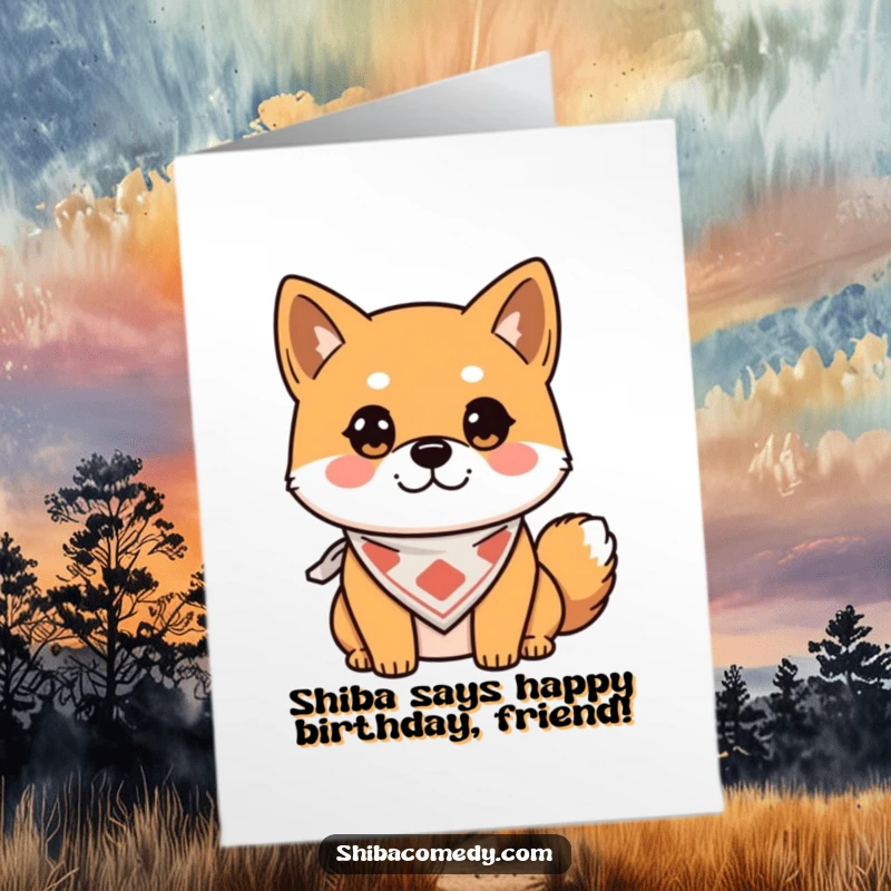 Funny Free Printable Shiba Inu Birthday Card: Alert dog wearing bandana, ready for a party surprise, downloadable gift.