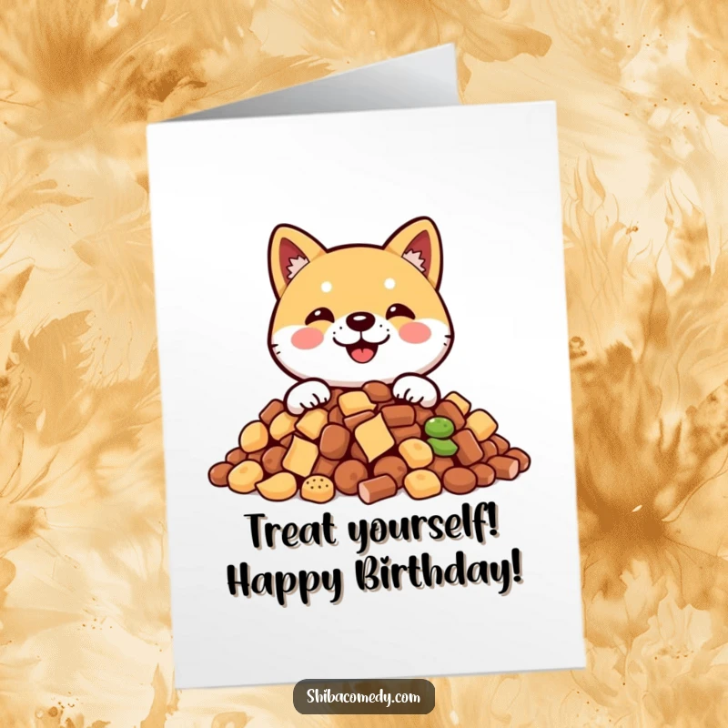 Funny Free Printable Birthday Card with a smiling Shiba Inu peeking from a huge pile of delicious dog treats.