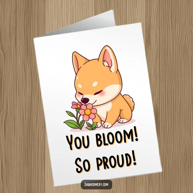 Funny Free Printable Congratulations Card with a curious Shiba Inu with perked ears sniffing a beautiful, colorful flower.