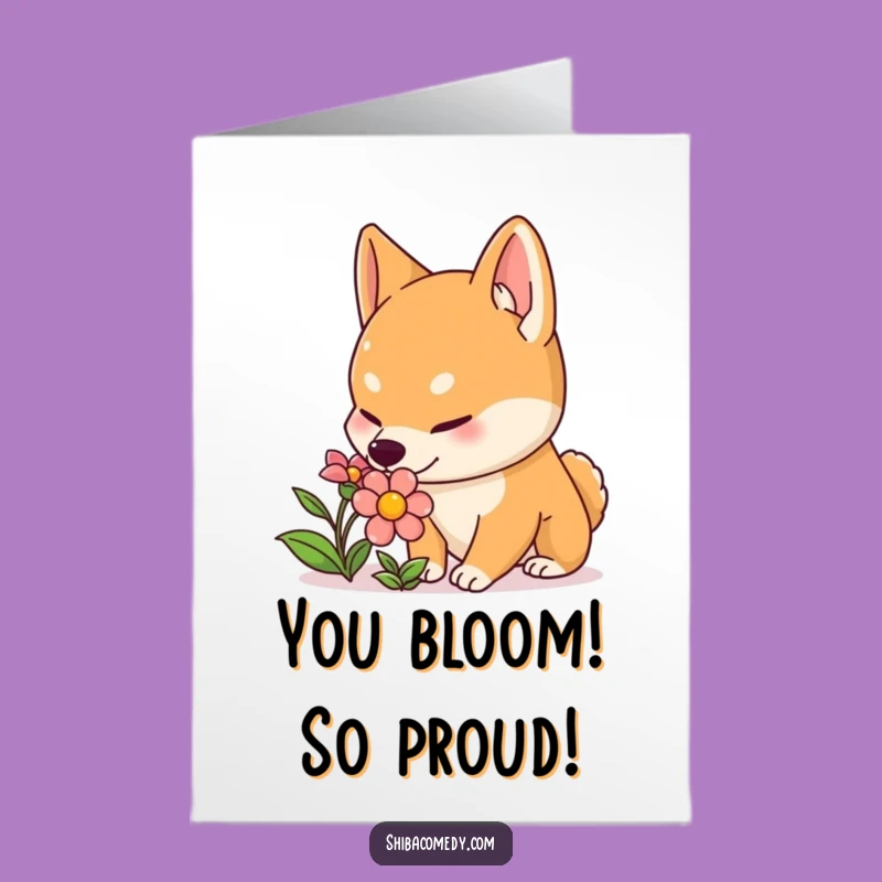 Free Printable Congrats Card: Curious Shiba Inu Flower Sniff Digital Download