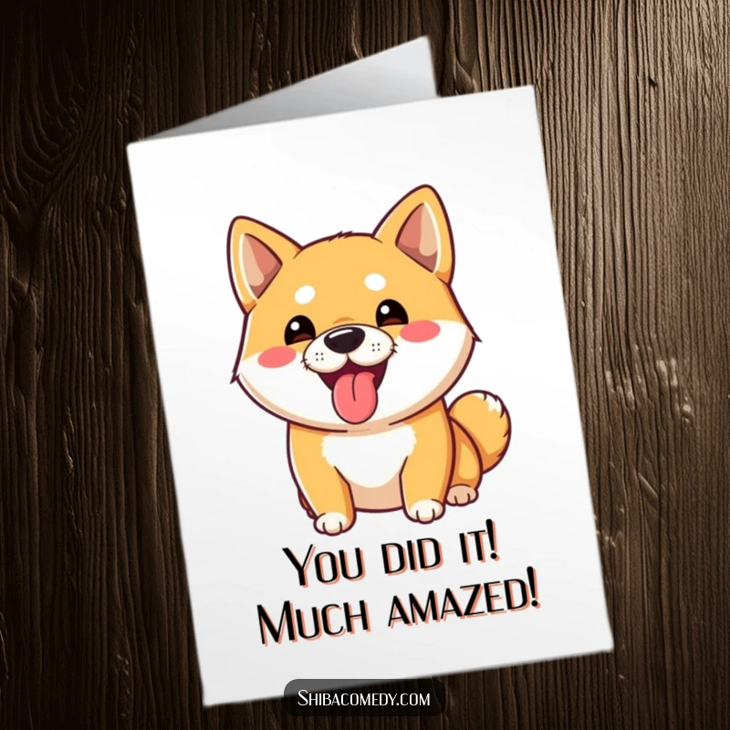 Funny Free Printable Congratulations Card: A silly Shiba Inu dog with its tongue playfully poking out in celebration.