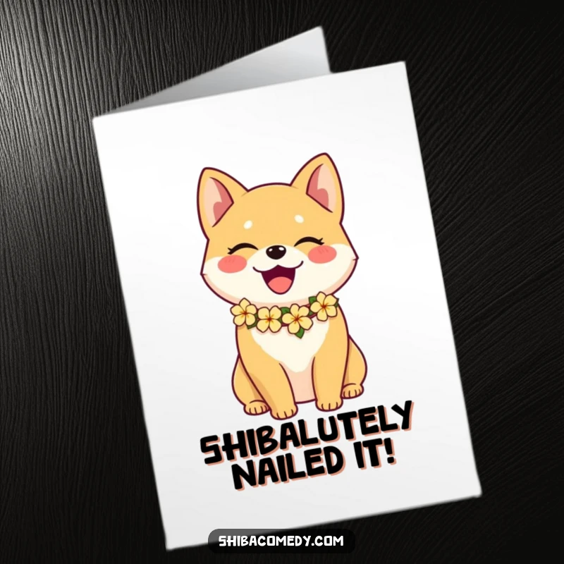 Funny free printable congratulations card with a happy Shiba Inu wearing a flower lei, celebrating achievements with a tropical vibe.