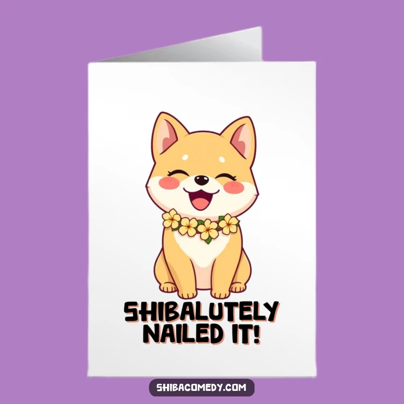 Free Printable Congrats Card: Joyful Shiba Inu lei design for a festive downloadable gift.