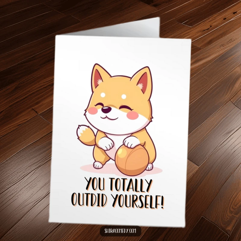 Funny Free Printable Congratulations Card: Playful Shiba Inu nudging a toy with a mischievous glint.